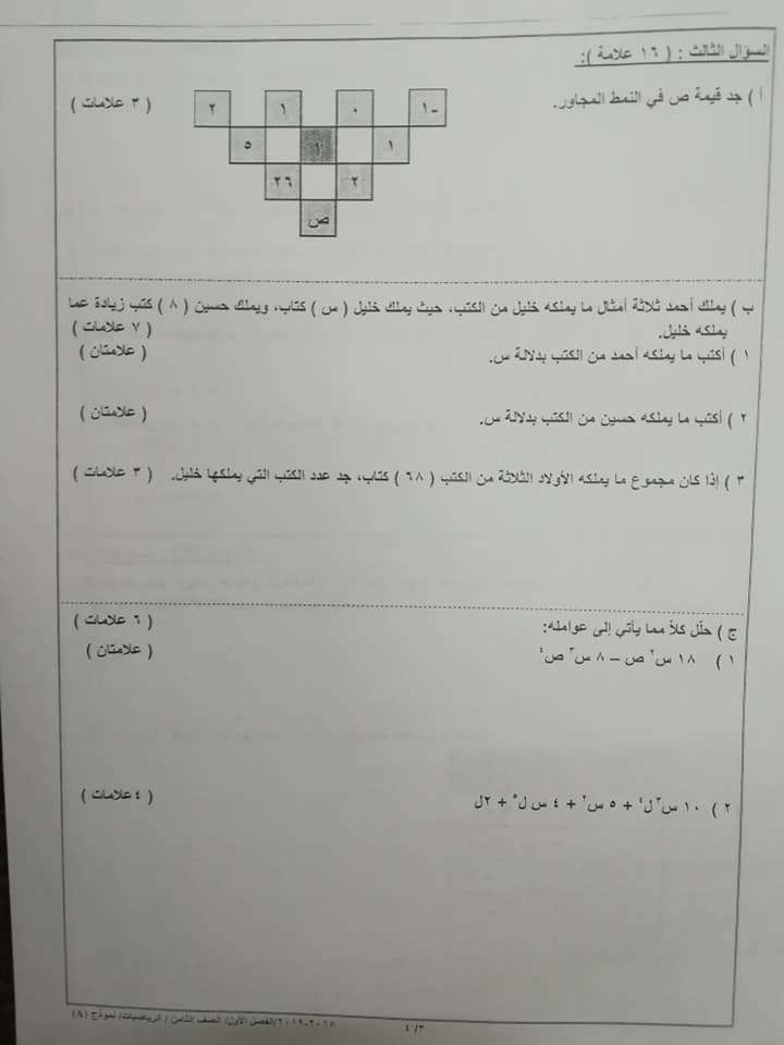 MTY2MzgxMQ656515 بالصور نموذج A وكالة امتحان الرياضيات النهائي للصف الثامن الفصل الاول 2018